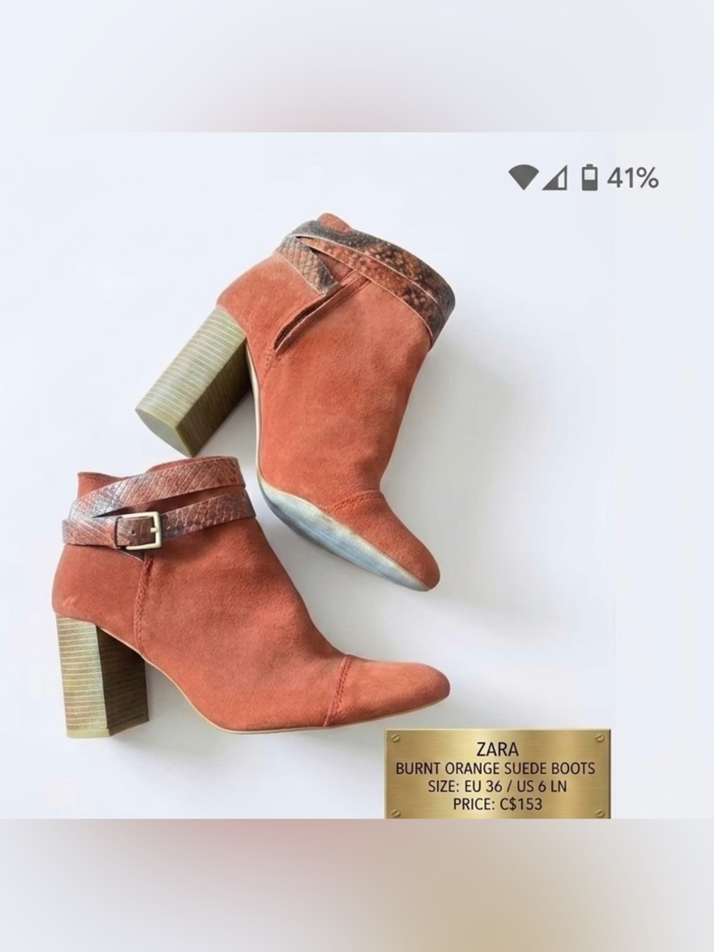 Zara Woman Burnt Orange Suede Ankle Boots w/ Snakeskin Straps -36 / 6 EUC